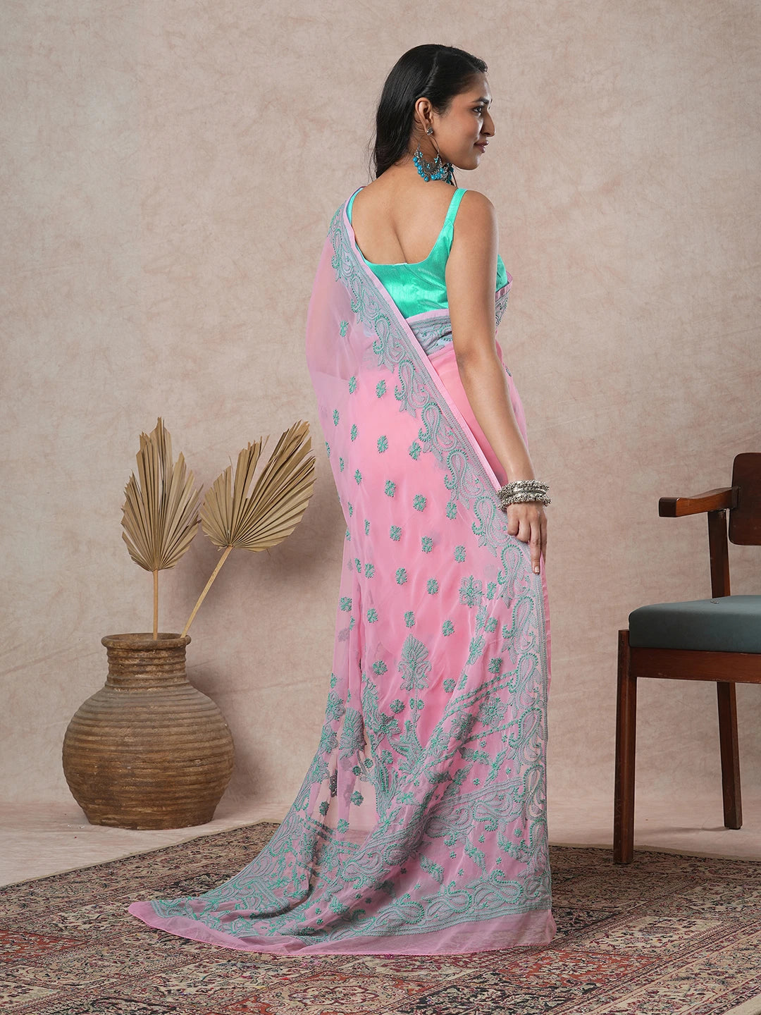 Ada Hand Embroidered Onion Pink Georgette Lucknowi Chikankari Saree With Blouse A311197