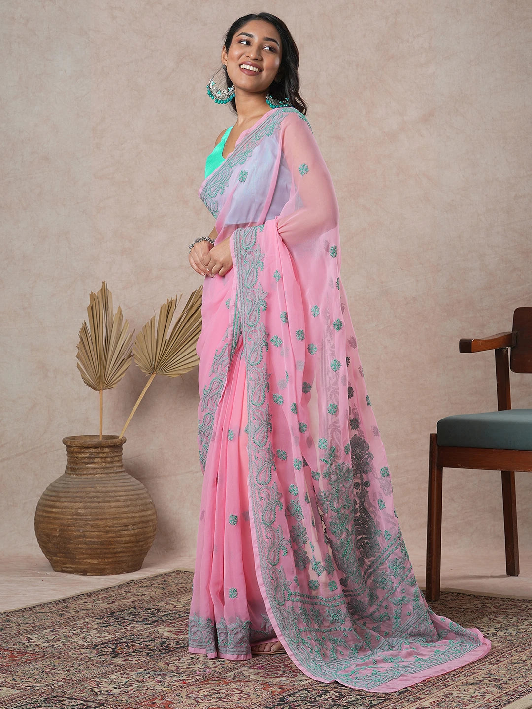 Ada Hand Embroidered Onion Pink Georgette Lucknowi Chikankari Saree With Blouse A311197