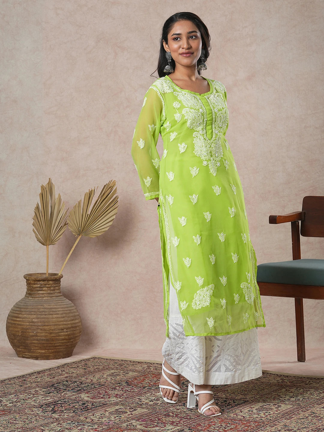 Ada Hand Embroidered Green Georgette Lucknowi Chikankari Straight Kurta With Slip A411130