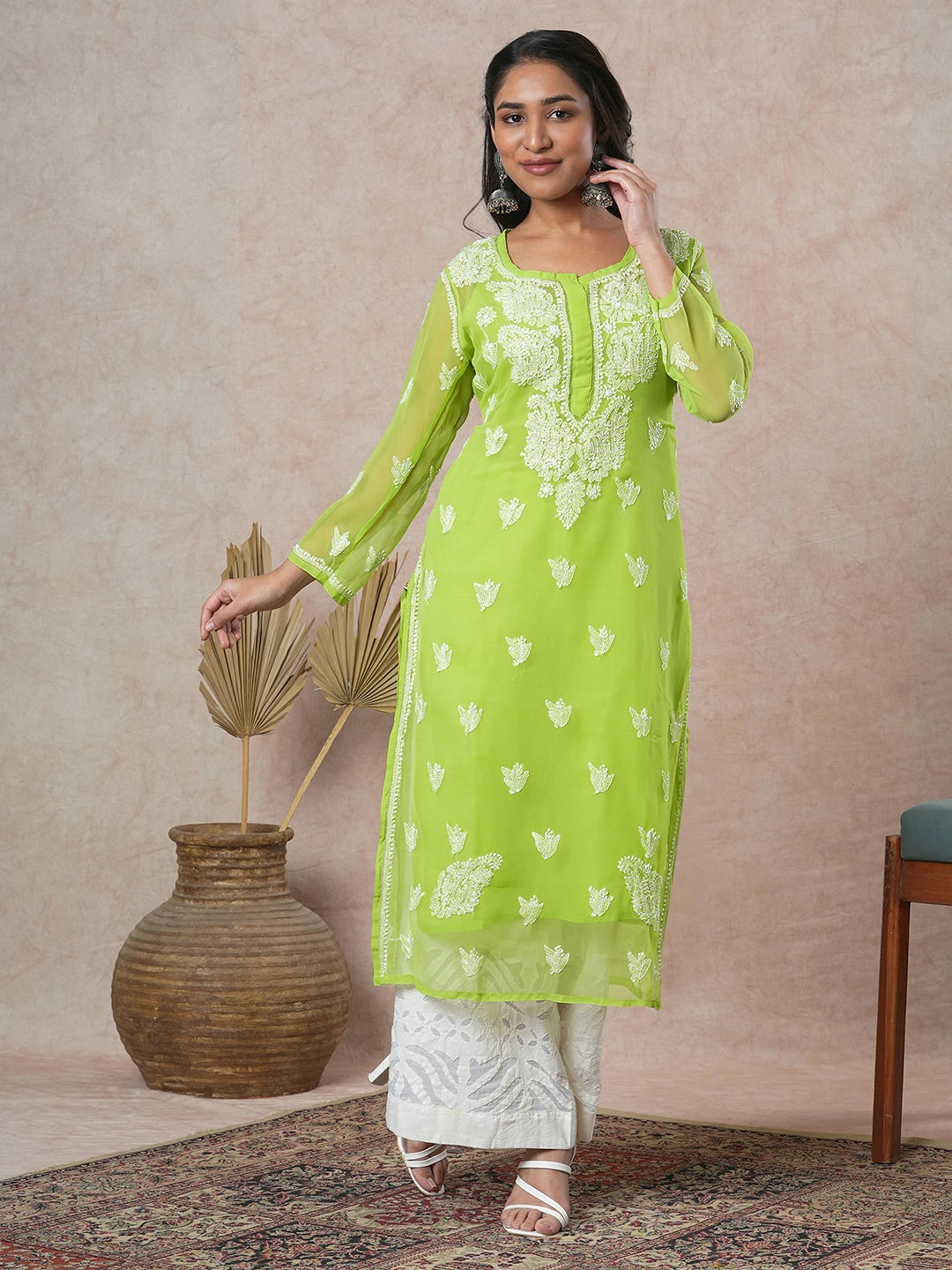 Ada Hand Embroidered Green Georgette Lucknowi Chikankari Straight Kurta With Slip A411130