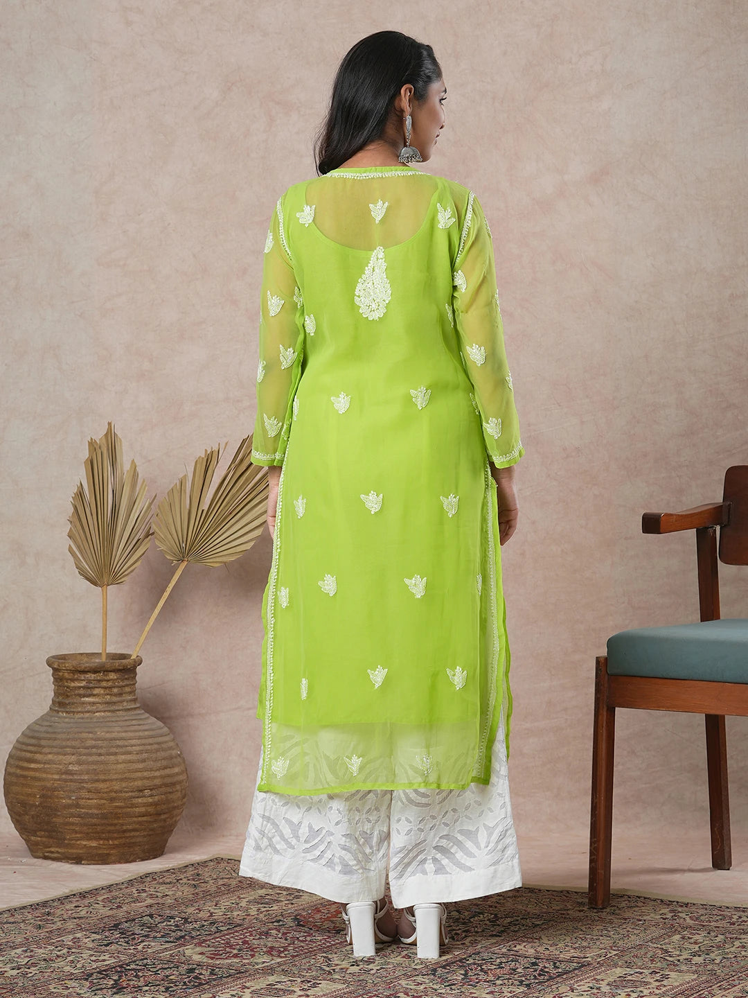 Ada Hand Embroidered Green Georgette Lucknowi Chikankari Straight Kurta With Slip A411130