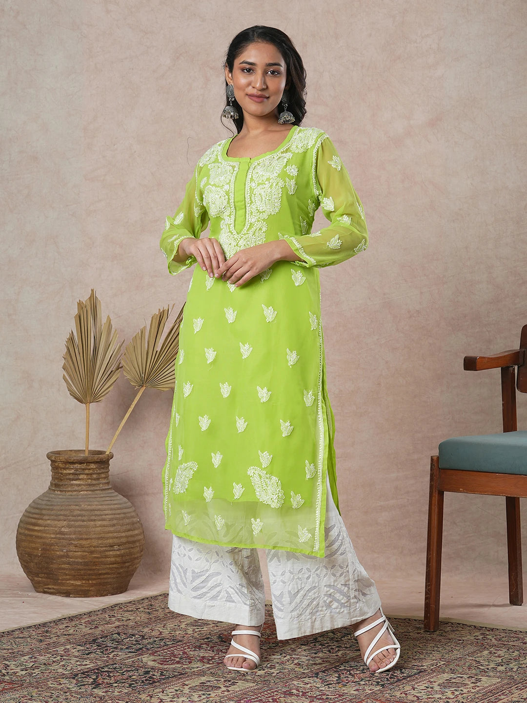 Ada Hand Embroidered Green Georgette Lucknowi Chikankari Straight Kurta With Slip A411130