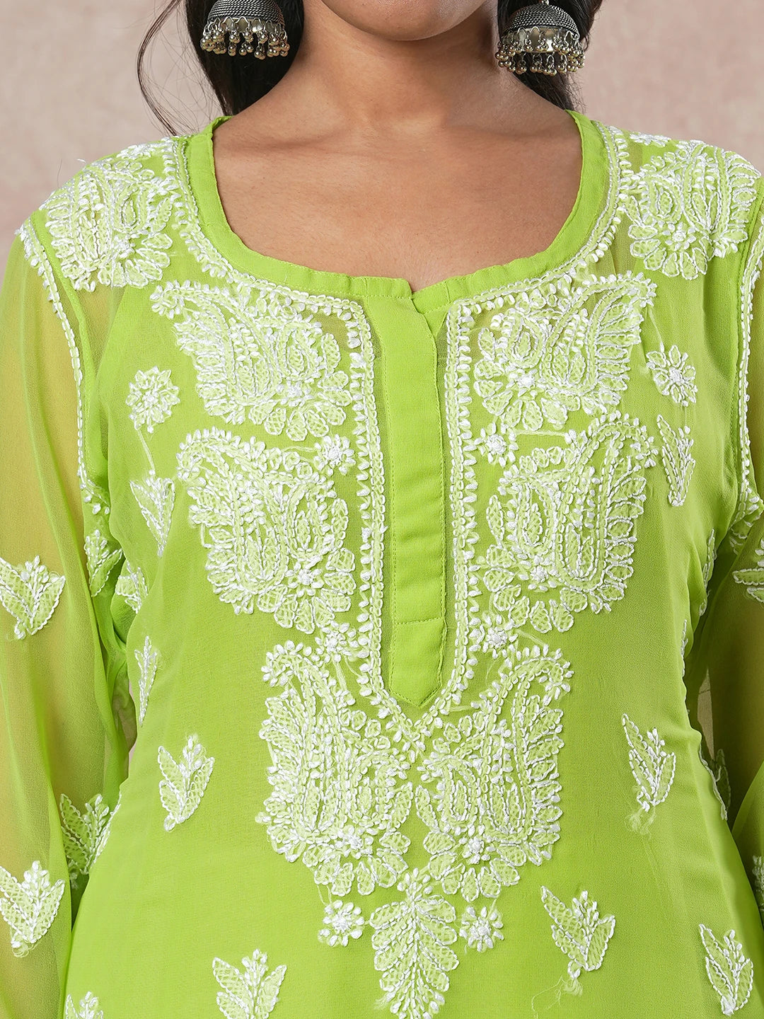 Ada Hand Embroidered Green Georgette Lucknowi Chikankari Straight Kurta With Slip A411130