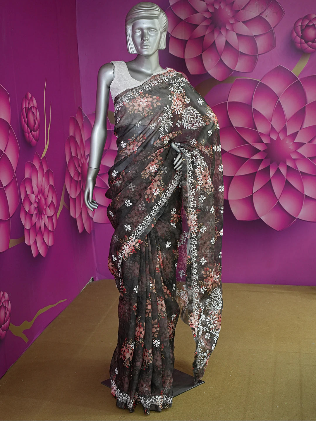 Ada Hand Embroidered Black Organza Floral Printed Lucknowi Chikankari Saree and Blouse 01A641871