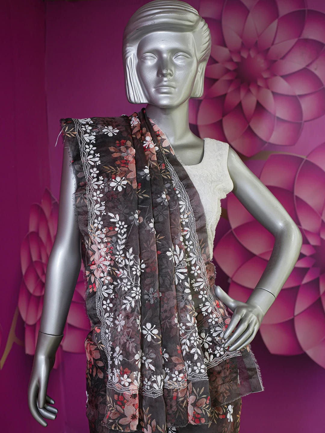 Ada Hand Embroidered Black Organza Floral Printed Lucknowi Chikankari Saree and Blouse 01A641871