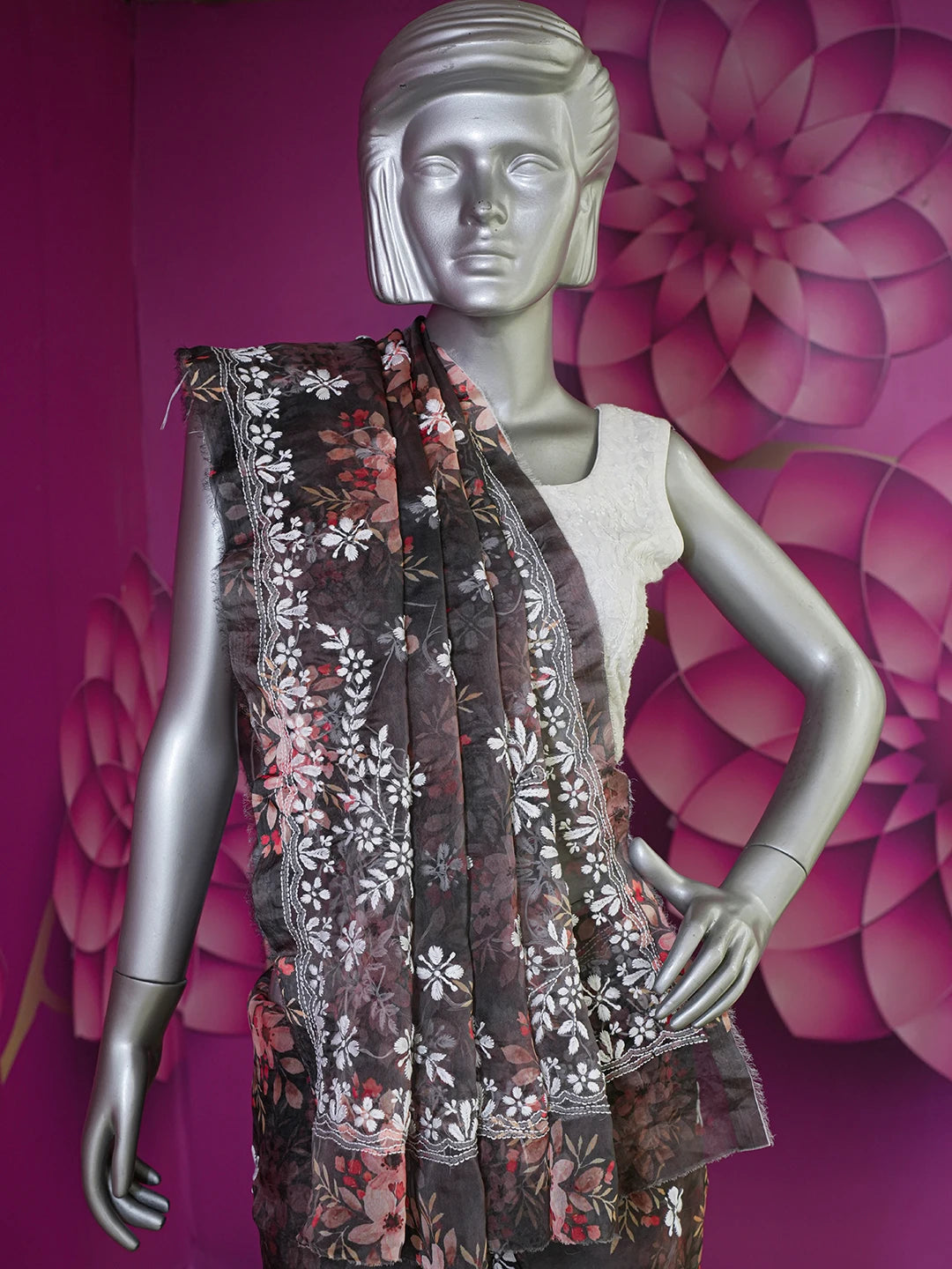 Ada Hand Embroidered Black Organza Floral Printed Lucknowi Chikankari Saree and Blouse 01A641871