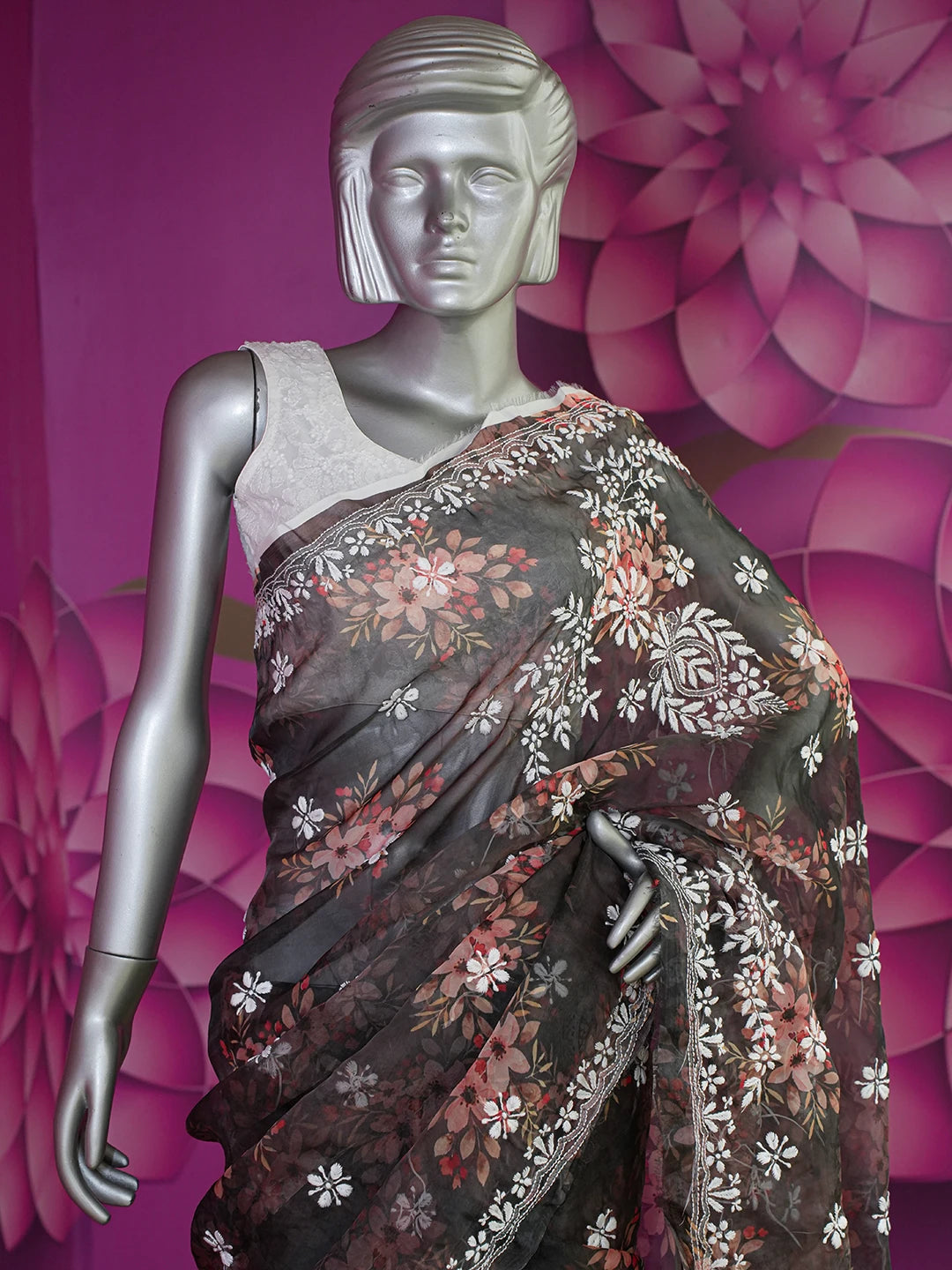 Ada Hand Embroidered Black Organza Floral Printed Lucknowi Chikankari Saree and Blouse 01A641871