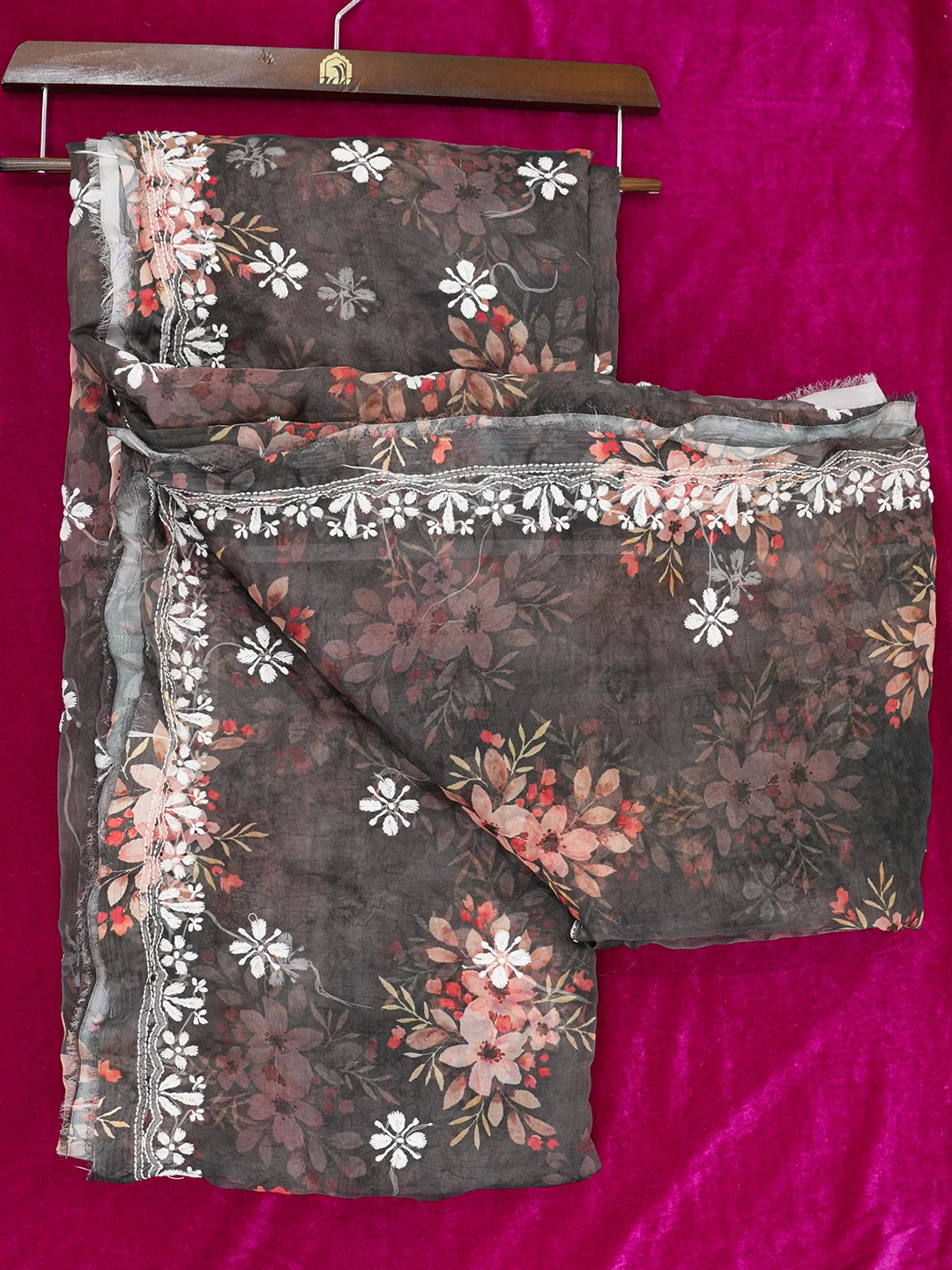 Ada Hand Embroidered Black Organza Floral Printed Lucknowi Chikankari Saree and Blouse 01A641871