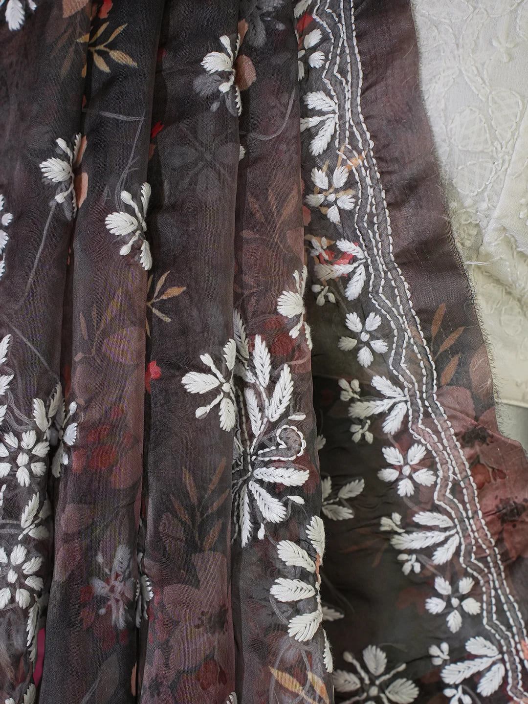Ada Hand Embroidered Black Organza Floral Printed Lucknowi Chikankari Saree and Blouse 01A641871