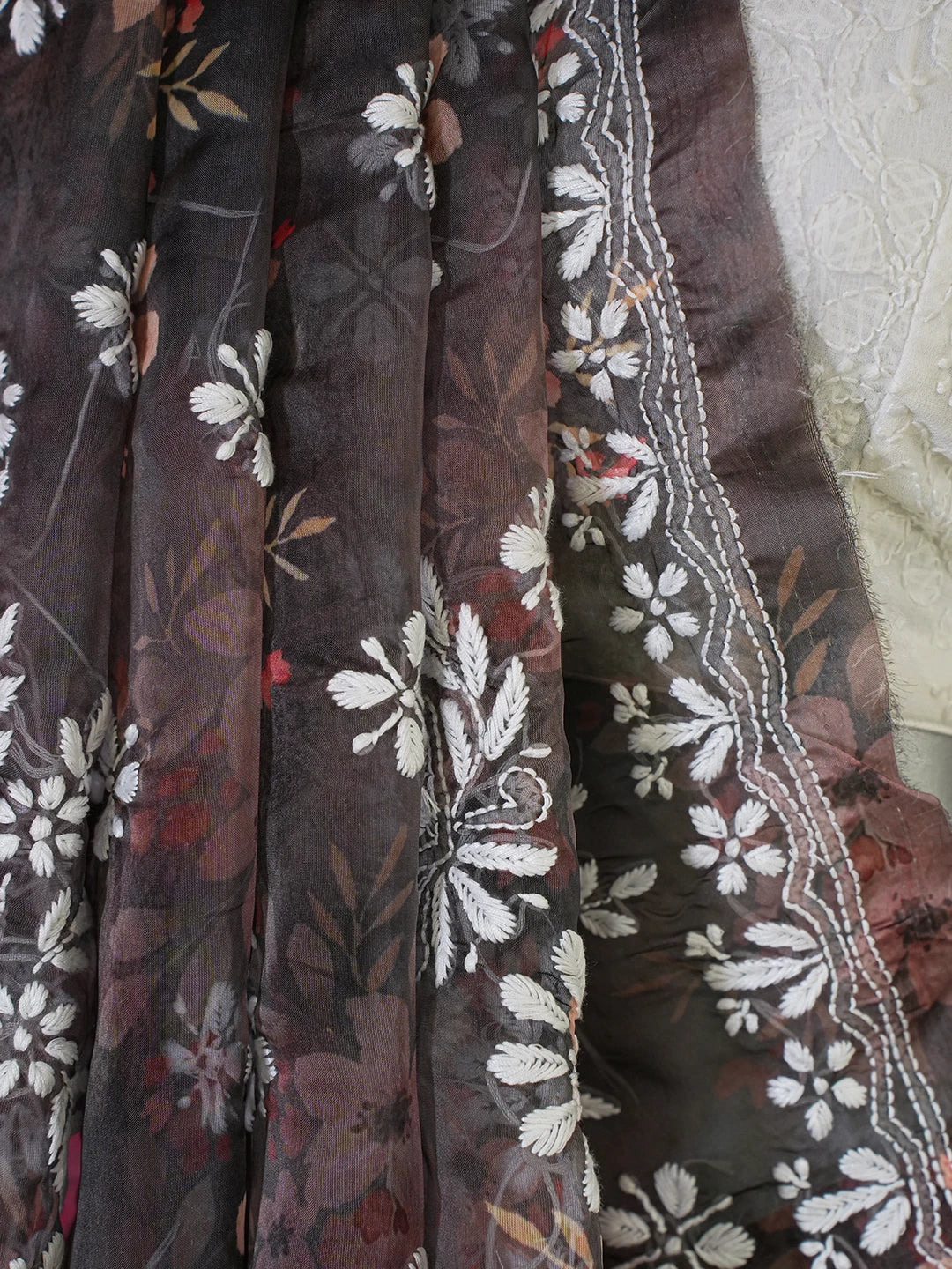 Ada Hand Embroidered Black Organza Floral Printed Lucknowi Chikankari Saree and Blouse 01A641871