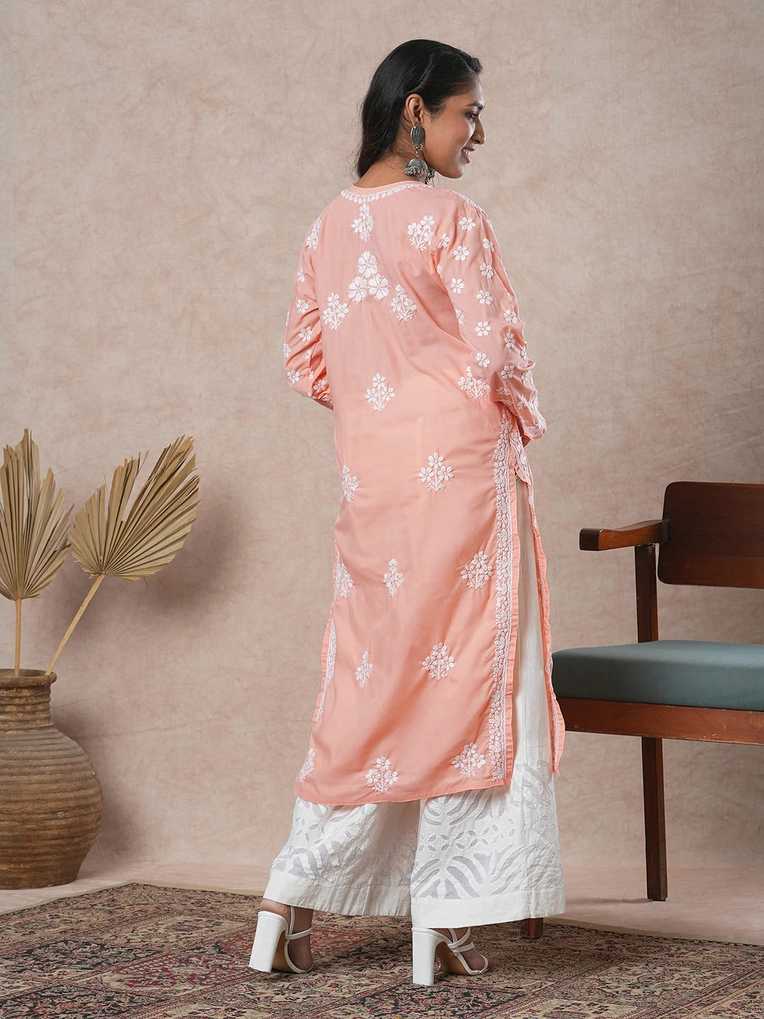 Ada Hand Embroidered Peach Cotton Lucknowi Chikankari Straight Kurta A411694