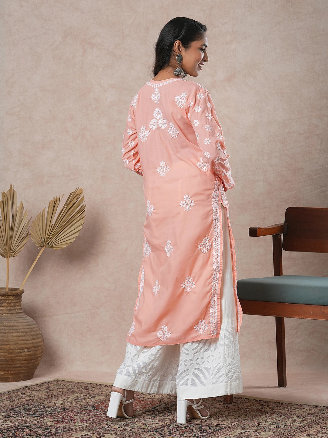 Ada Hand Embroidered Peach Cotton Lucknowi Chikankari Straight Kurta A411694