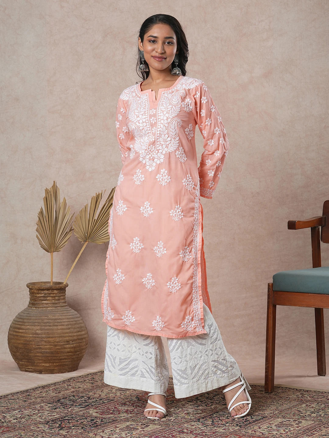 Ada Hand Embroidered Peach Cotton Lucknowi Chikankari Straight Kurta A411694