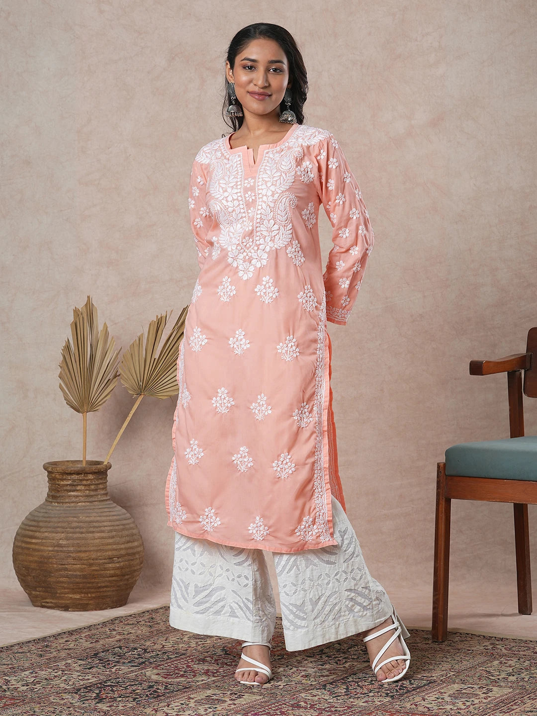 Ada Hand Embroidered Peach Cotton Lucknowi Chikankari Straight Kurta A411694