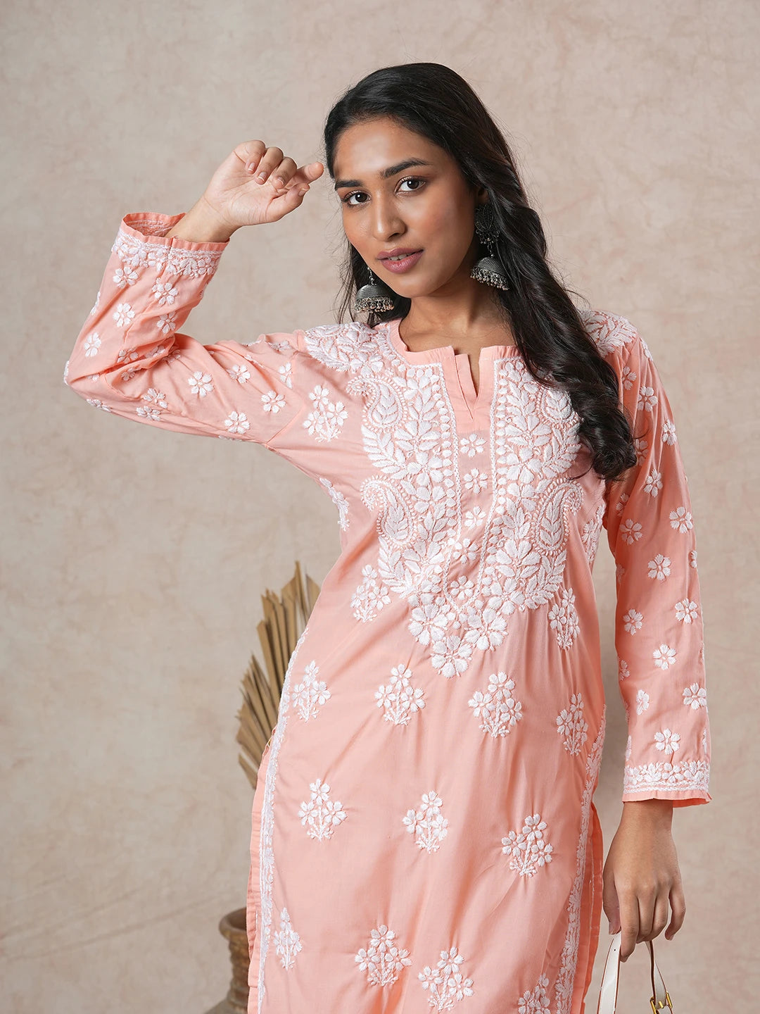 Ada Hand Embroidered Peach Cotton Lucknowi Chikankari Straight Kurta A411694
