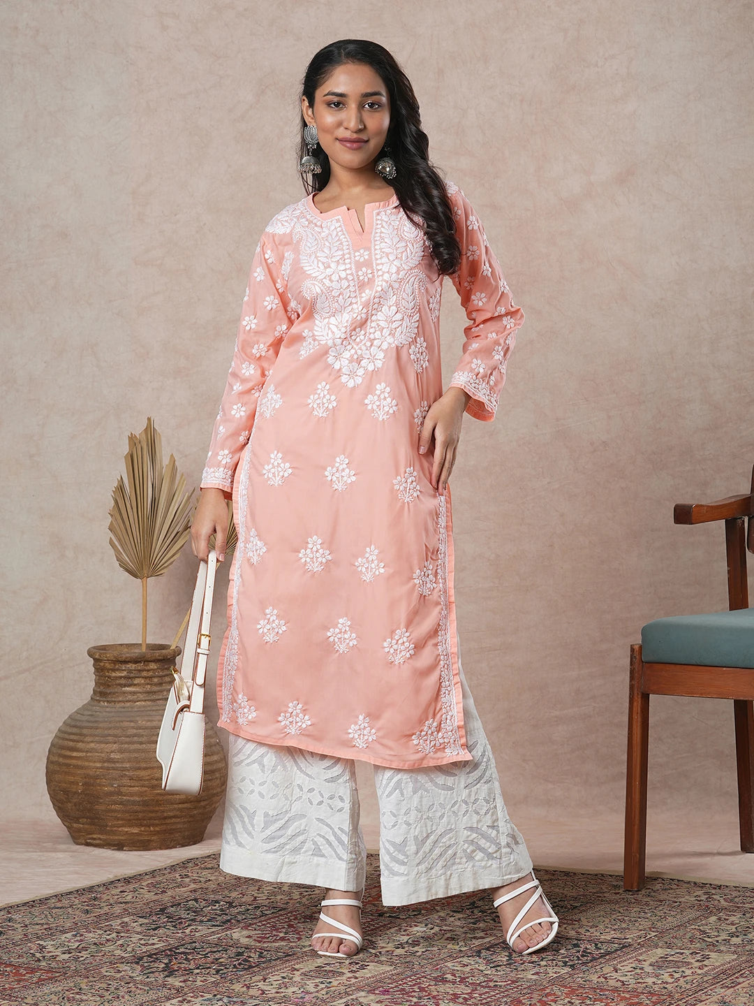 Ada Hand Embroidered Peach Cotton Lucknowi Chikankari Straight Kurta A411694