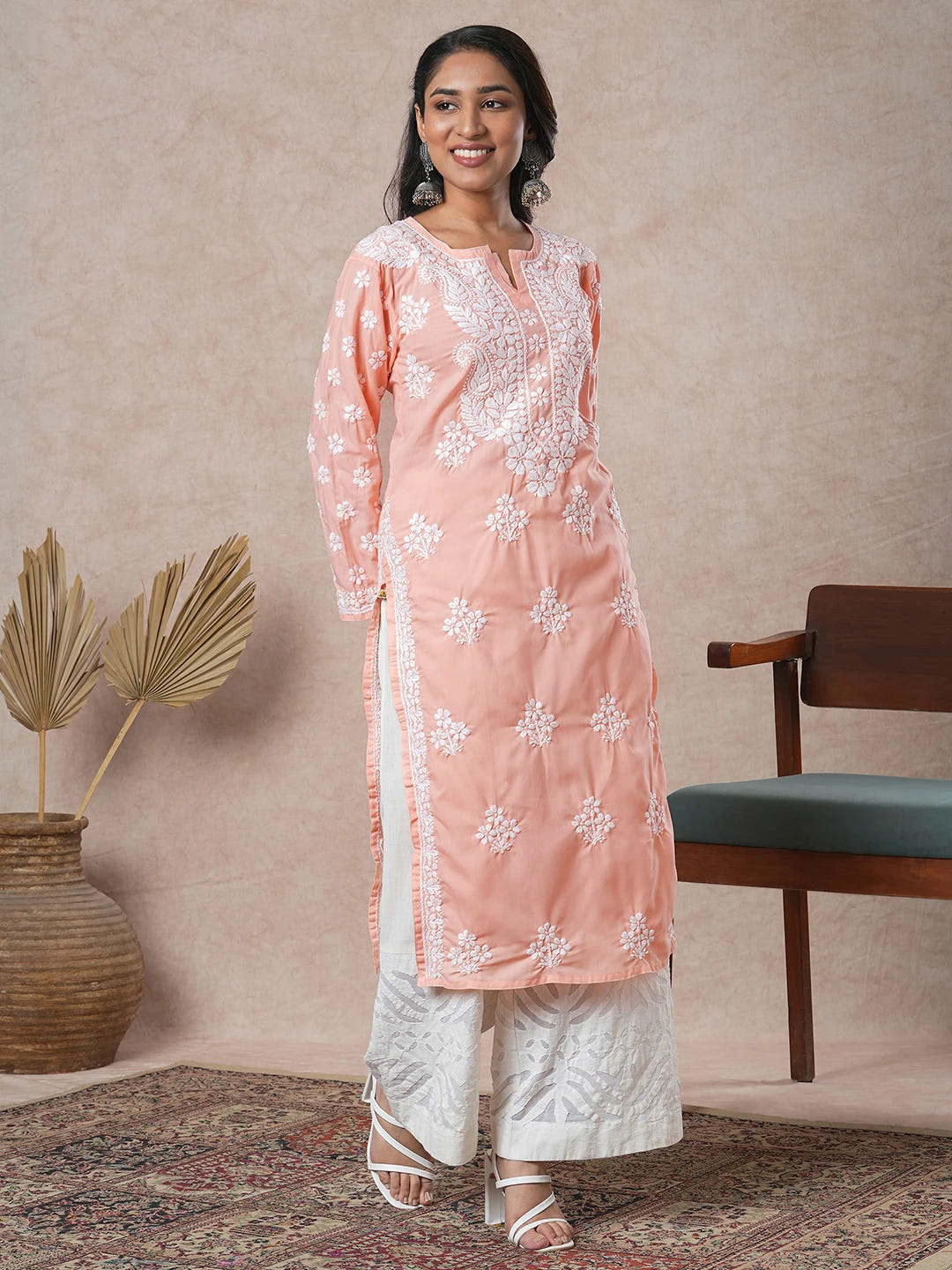 Ada Hand Embroidered Peach Cotton Lucknowi Chikankari Straight Kurta A411694