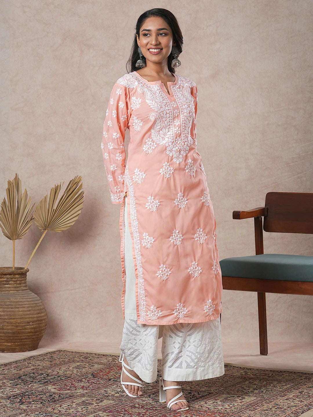 Ada Hand Embroidered Peach Cotton Lucknowi Chikankari Straight Kurta A411694