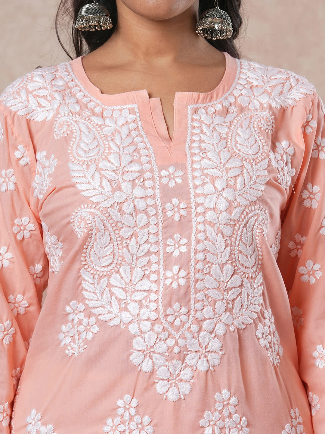 Ada Hand Embroidered Peach Cotton Lucknowi Chikankari Straight Kurta A411694