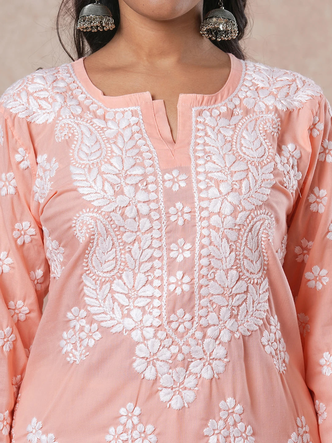 Ada Hand Embroidered Peach Cotton Lucknowi Chikankari Straight Kurta A411694