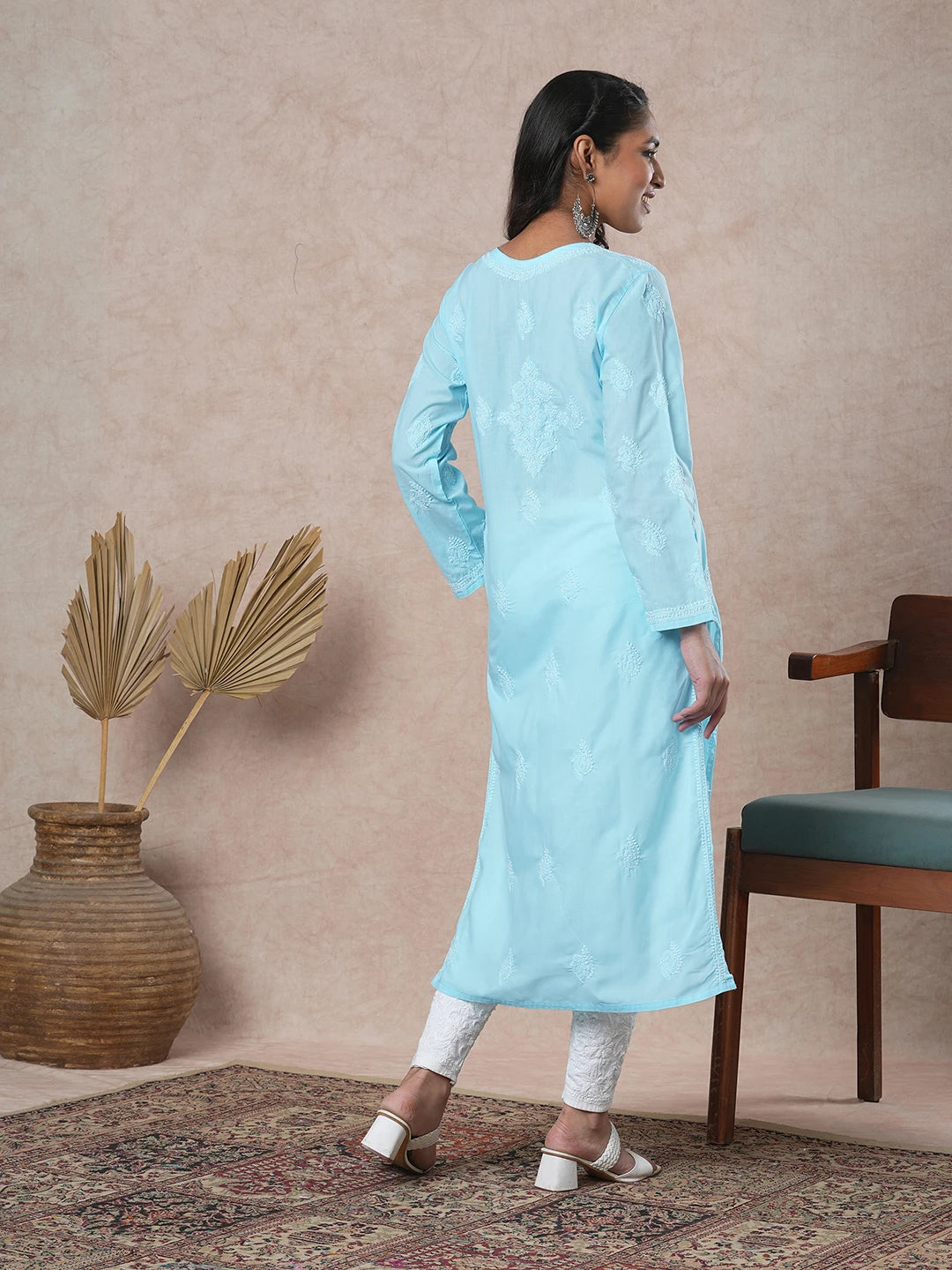 Ada Hand Embroidered Blue Cotton Lucknowi Chikankari Straight Kurta A411688