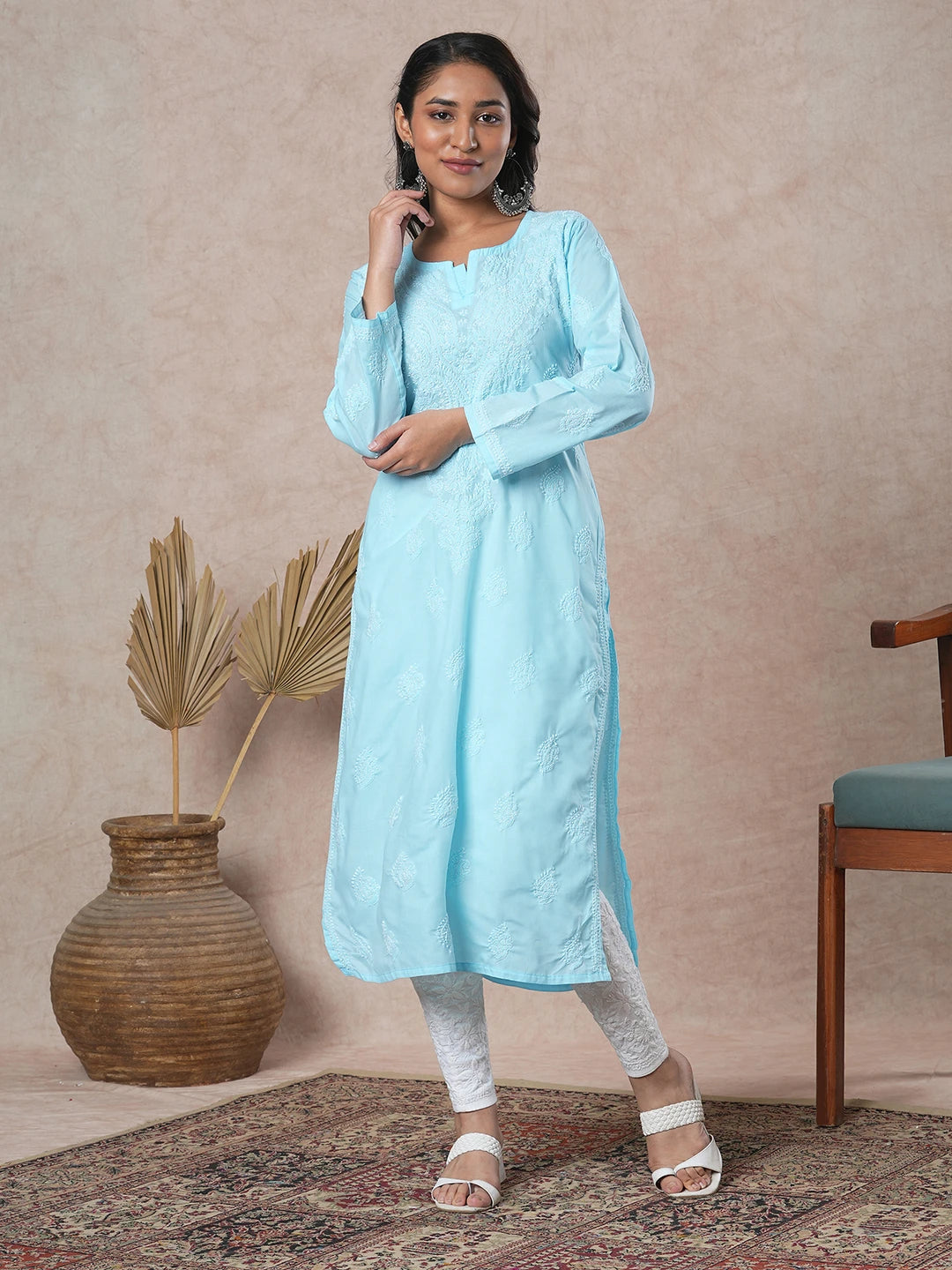 Ada Hand Embroidered Blue Cotton Lucknowi Chikankari Straight Kurta A411688