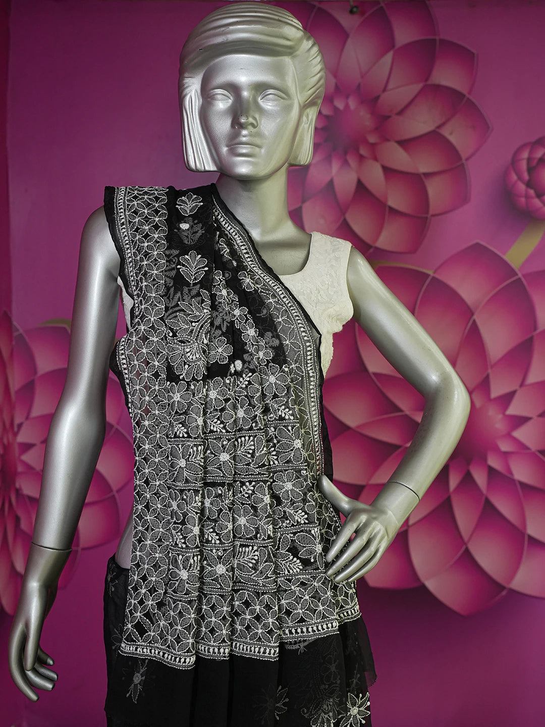 Ada Hand Embroidered Black Georgette Lucknow Chikan Saree With Blouse 01A539045