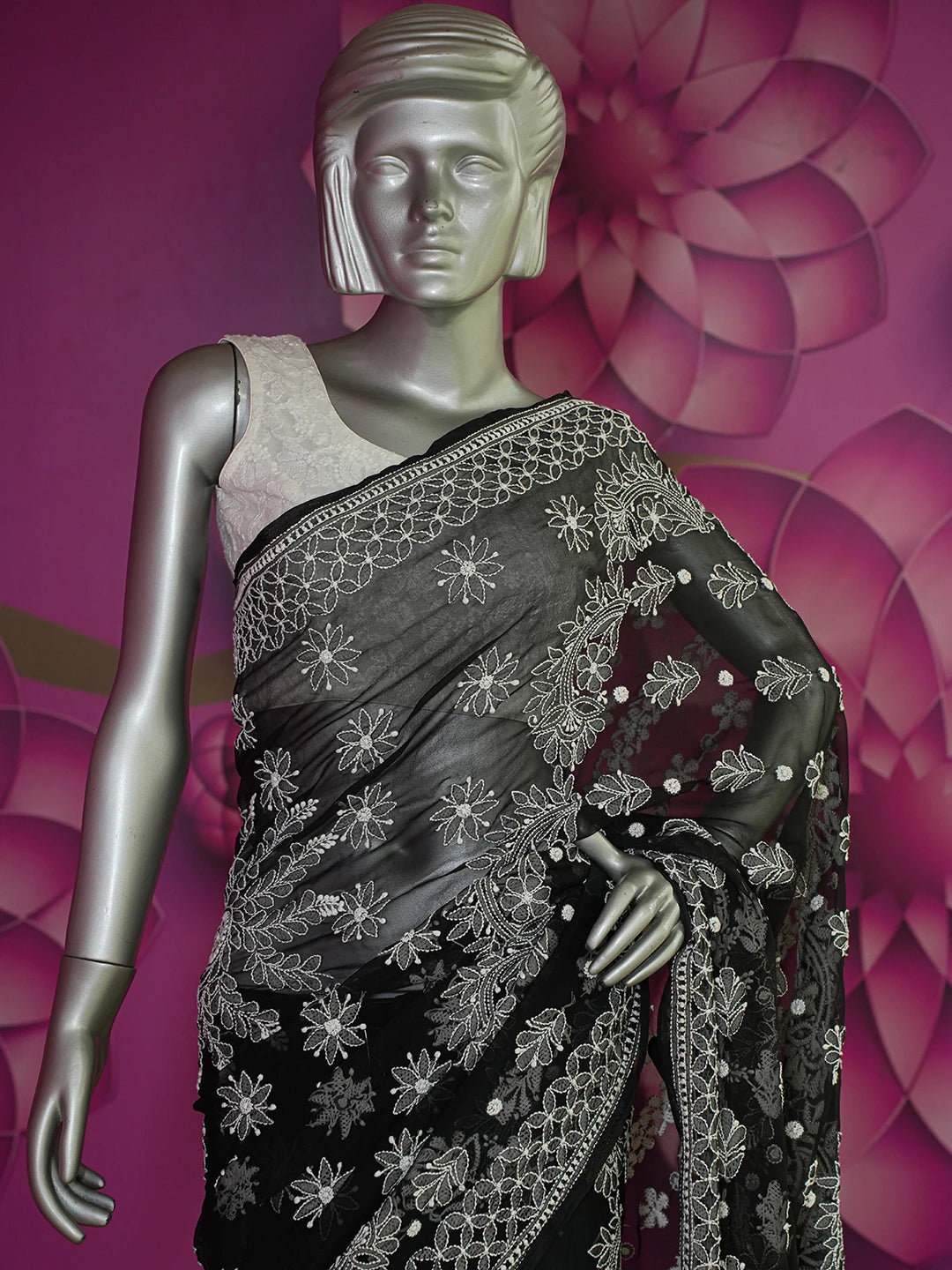 Ada Hand Embroidered Black Georgette Lucknow Chikan Saree With Blouse 01A539045