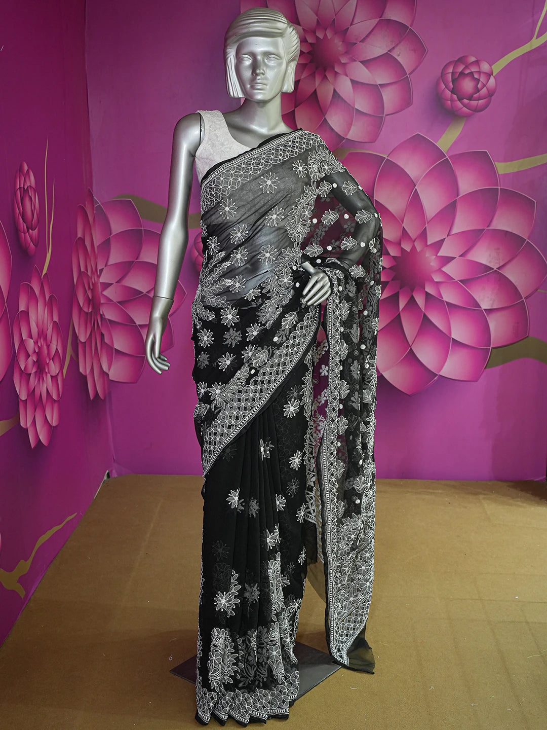 Ada Hand Embroidered Black Georgette Lucknow Chikan Saree With Blouse 01A539045