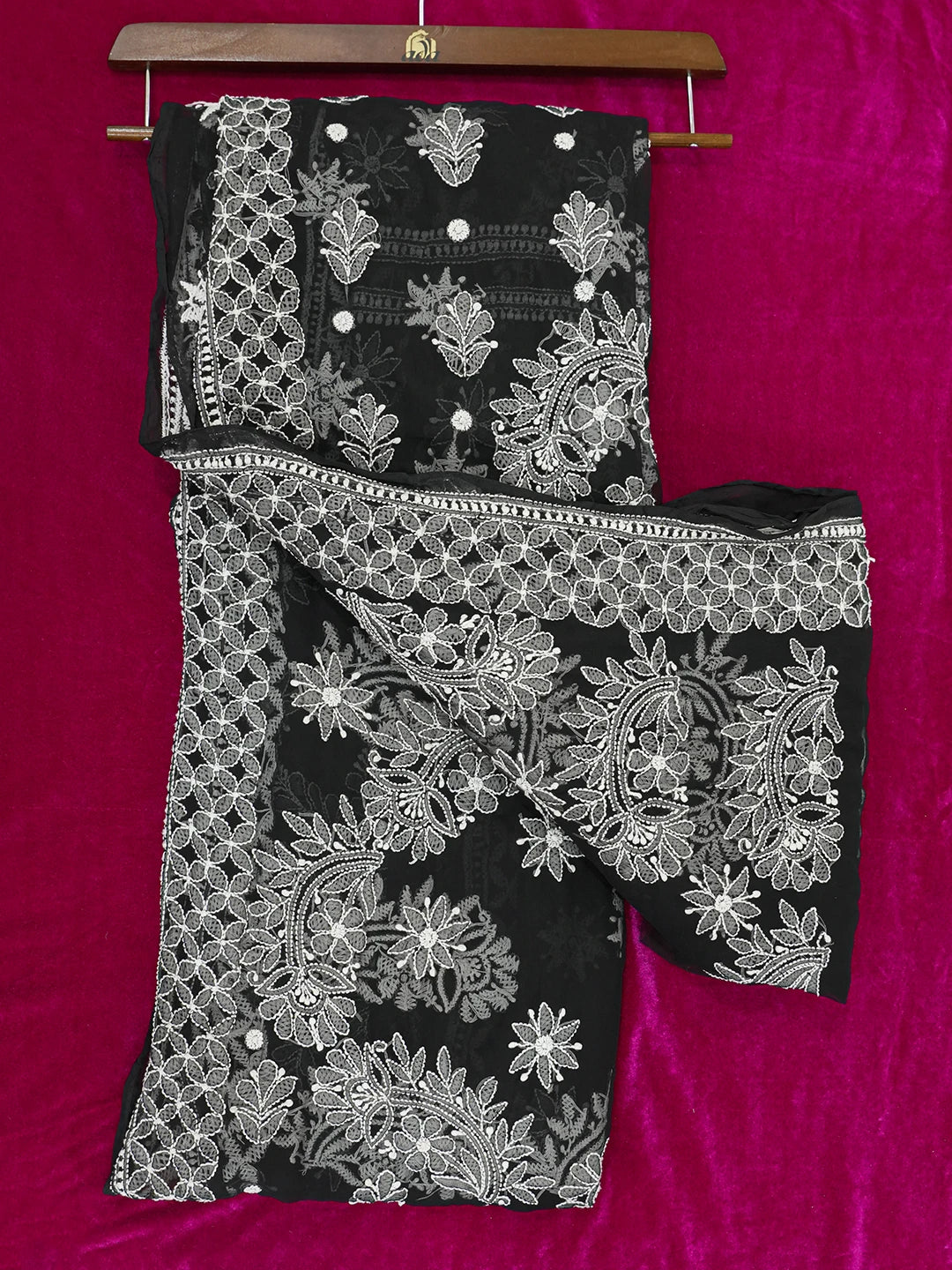 Ada Hand Embroidered Black Georgette Lucknow Chikan Saree With Blouse 01A539045