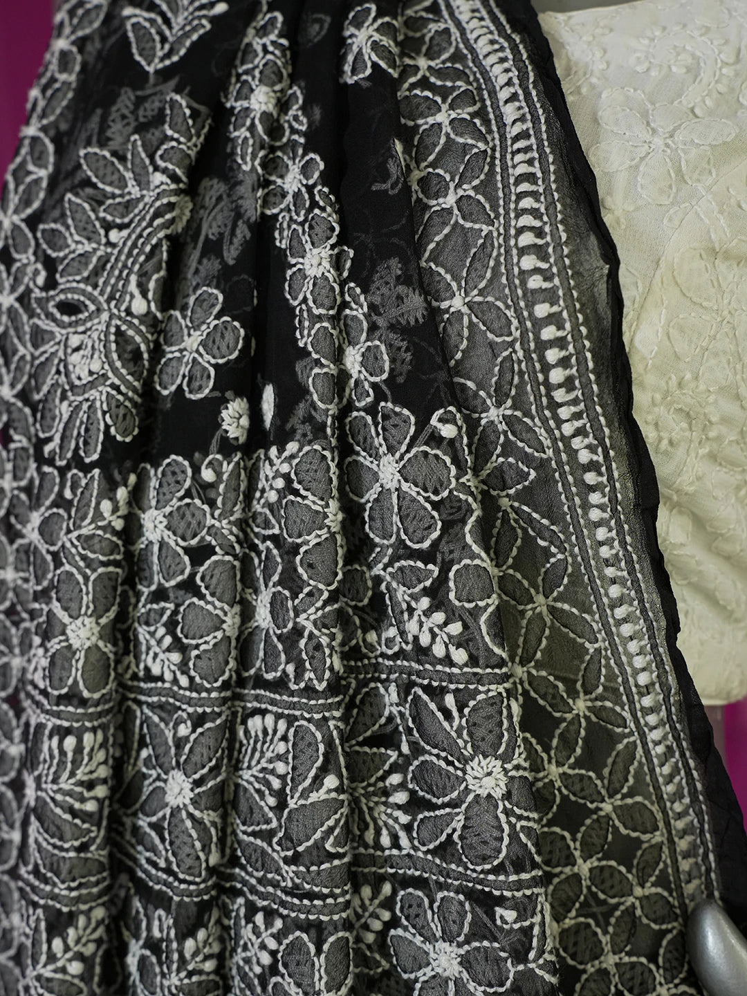 Ada Hand Embroidered Black Georgette Lucknow Chikan Saree With Blouse 01A539045