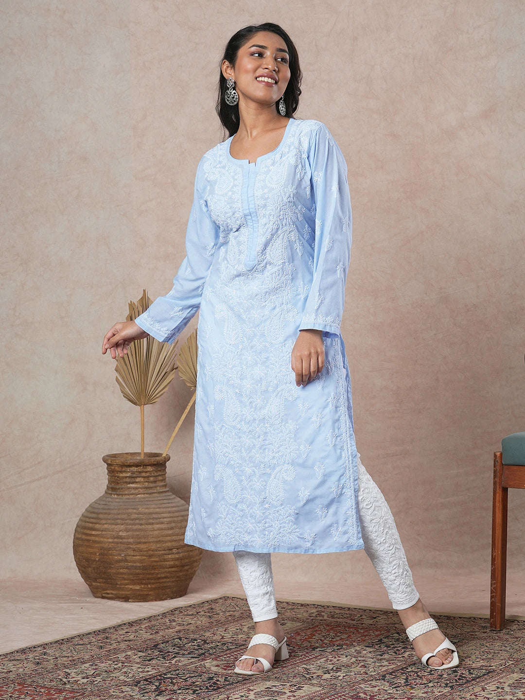 Ada Hand Embroidered Ink Blue Cotton Lucknowi Chikankari Straight Kurta A411678