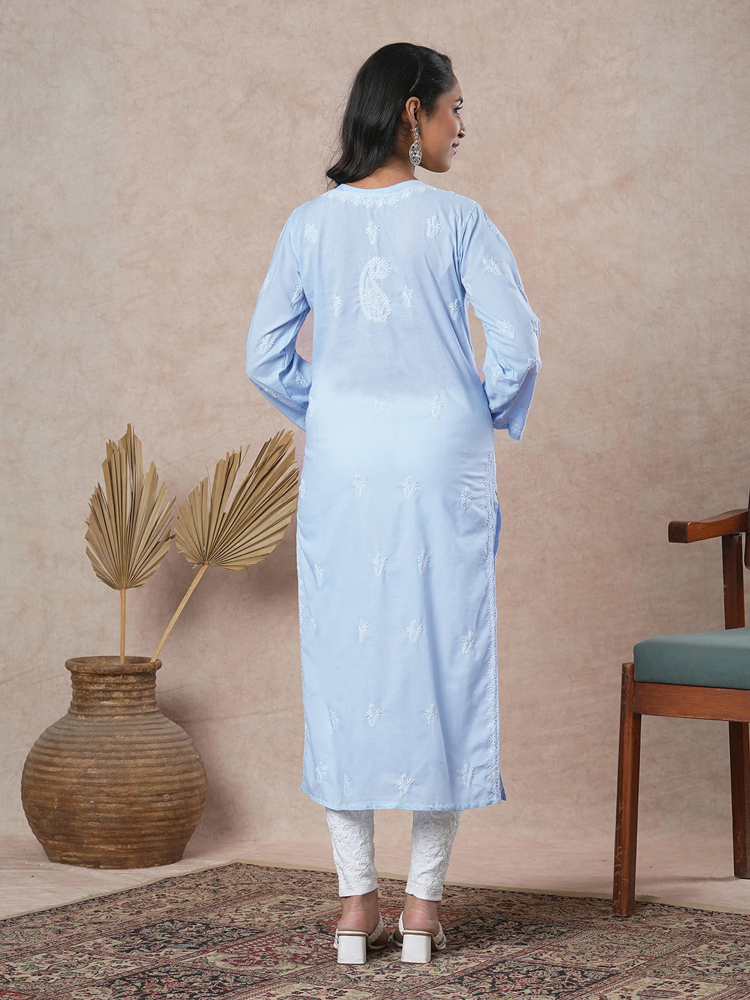 Ada Hand Embroidered Ink Blue Cotton Lucknowi Chikankari Straight Kurta A411678
