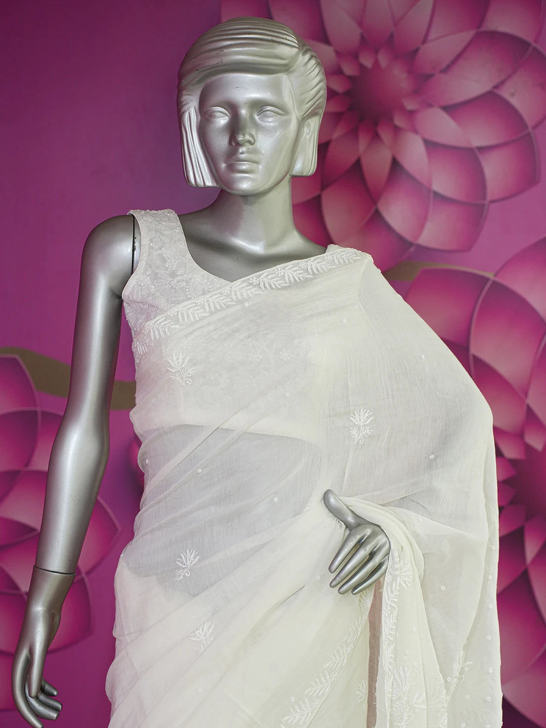 Ada Hand Embroidered White Chanderi Lucknowi Chikankari Saree With Blouse With Cutdana Work 01A639733