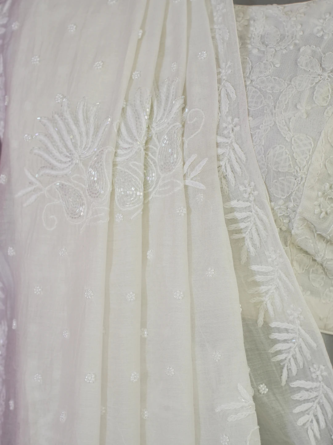 Ada Hand Embroidered White Chanderi Lucknowi Chikankari Saree With Blouse With Cutdana Work 01A639733