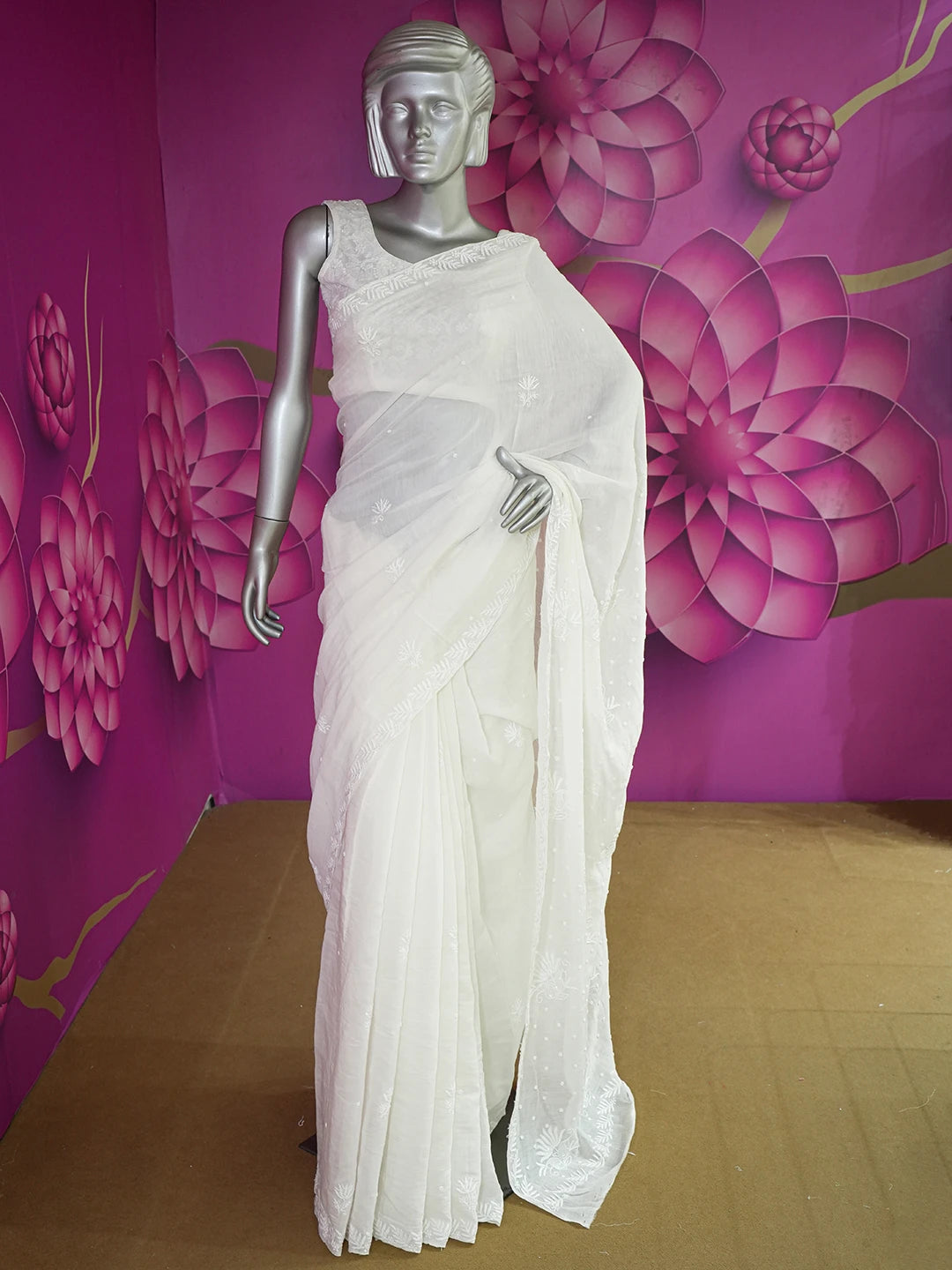 Ada Hand Embroidered White Chanderi Lucknowi Chikankari Saree With Blouse With Cutdana Work 01A639733