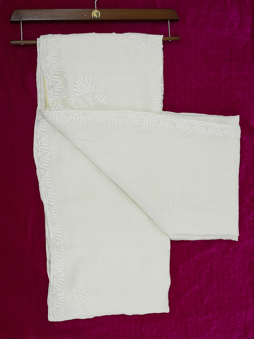 Ada Hand Embroidered White Chanderi Lucknowi Chikankari Saree With Blouse With Cutdana Work 01A639733