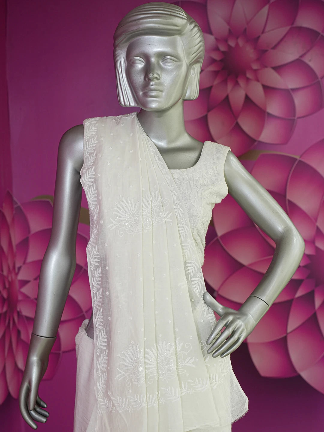 Ada Hand Embroidered White Chanderi Lucknowi Chikankari Saree With Blouse With Cutdana Work 01A639733