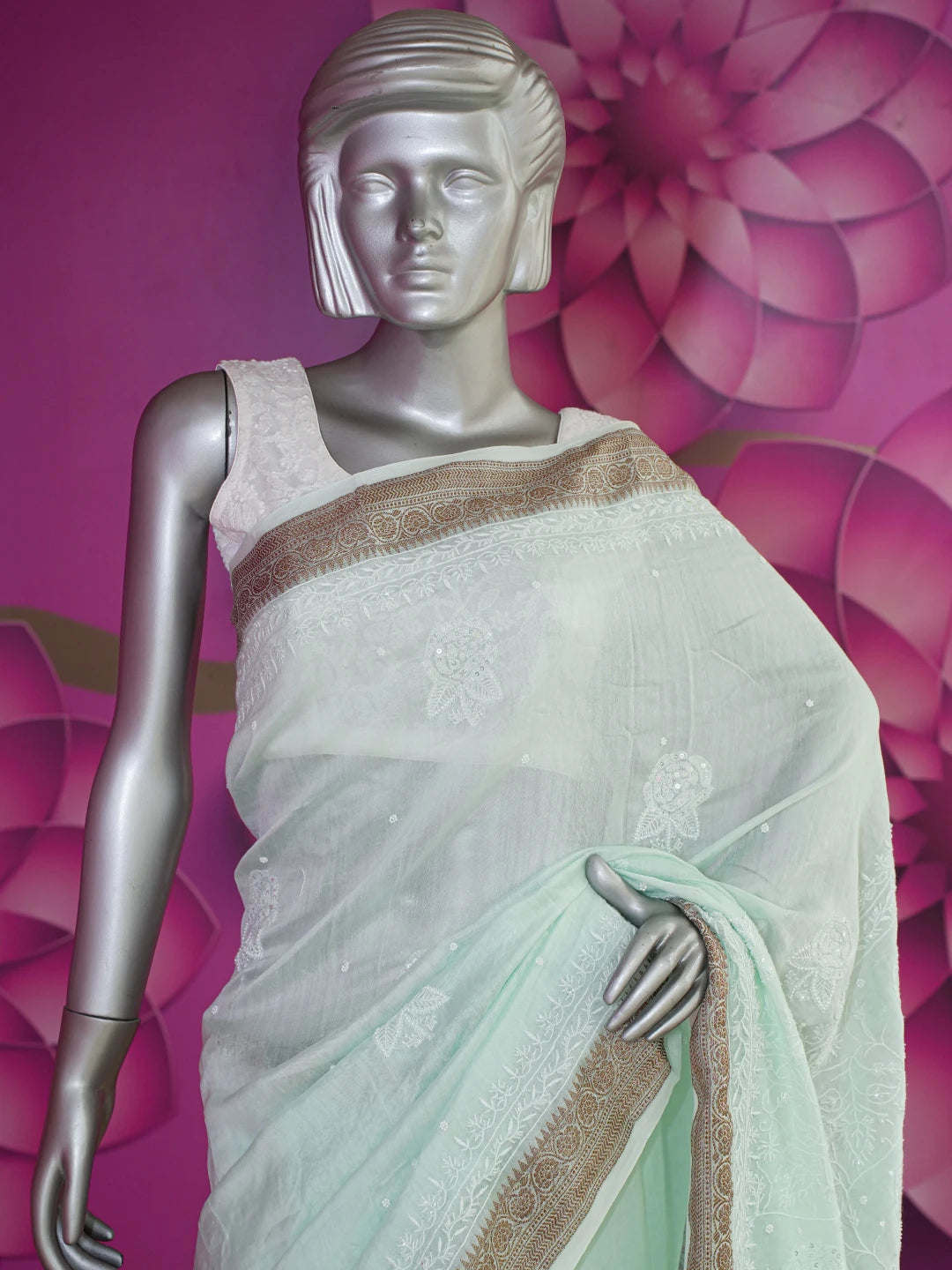 Ada Hand Embroidered Sea Green Chanderi Lucknowi Chikankari Saree With Blouse With Cutdana & Sequinned Work 01A622956