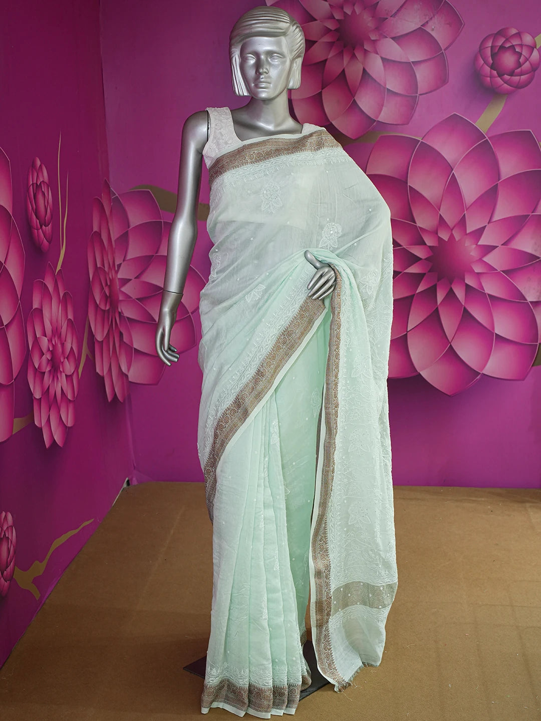 Ada Hand Embroidered Sea Green Chanderi Lucknowi Chikankari Saree With Blouse With Cutdana & Sequinned Work 01A622956