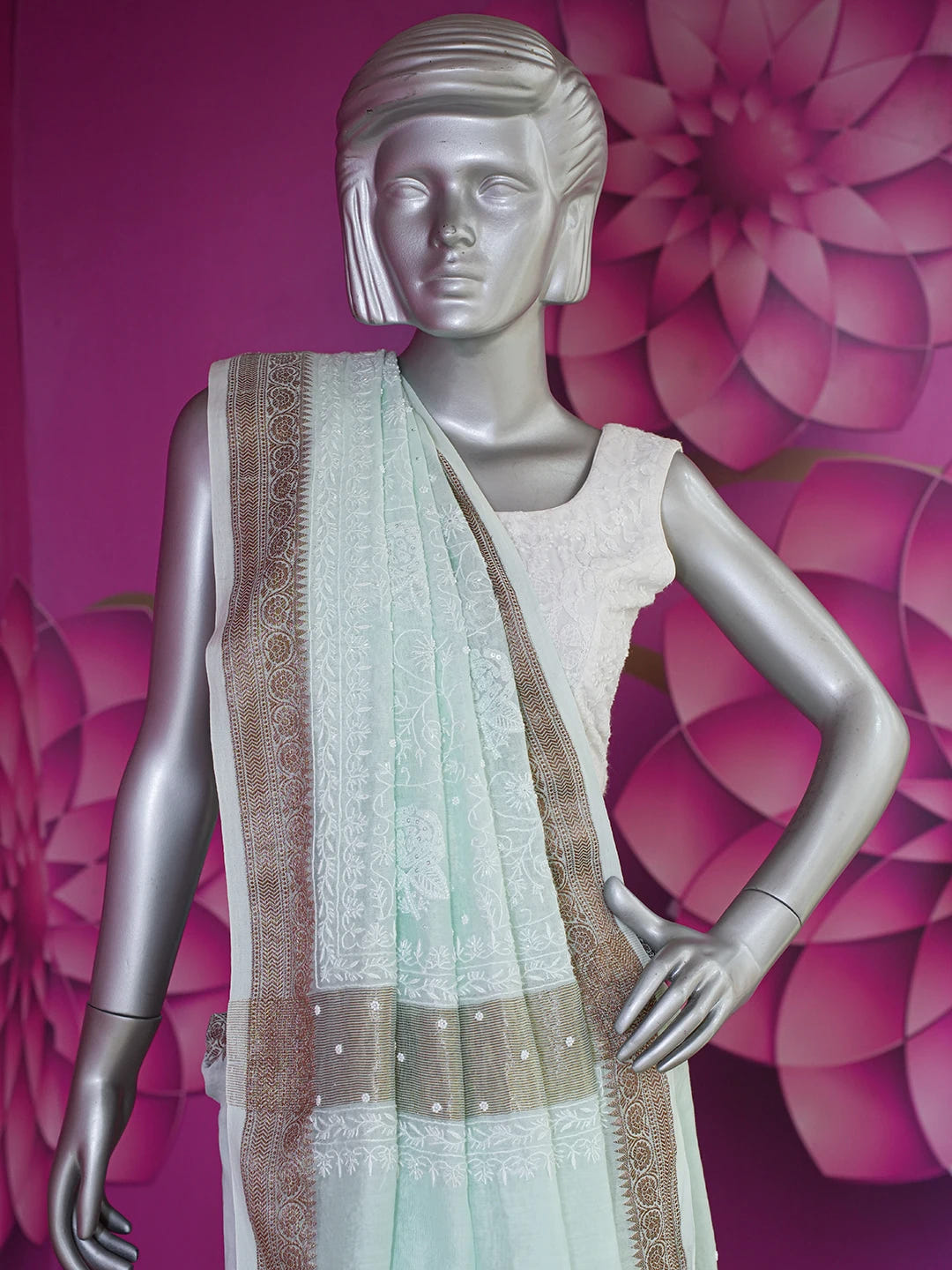Ada Hand Embroidered Sea Green Chanderi Lucknowi Chikankari Saree With Blouse With Cutdana & Sequinned Work 01A622956
