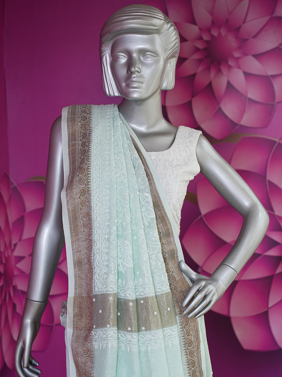 Ada Hand Embroidered Sea Green Chanderi Lucknowi Chikankari Saree With Blouse With Cutdana & Sequinned Work 01A622956