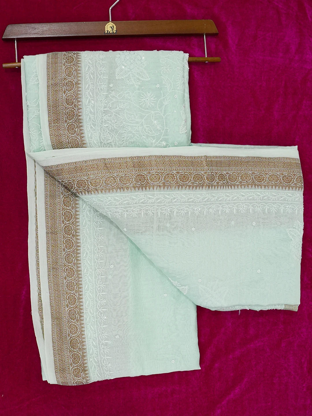 Ada Hand Embroidered Sea Green Chanderi Lucknowi Chikankari Saree With Blouse With Cutdana & Sequinned Work 01A622956