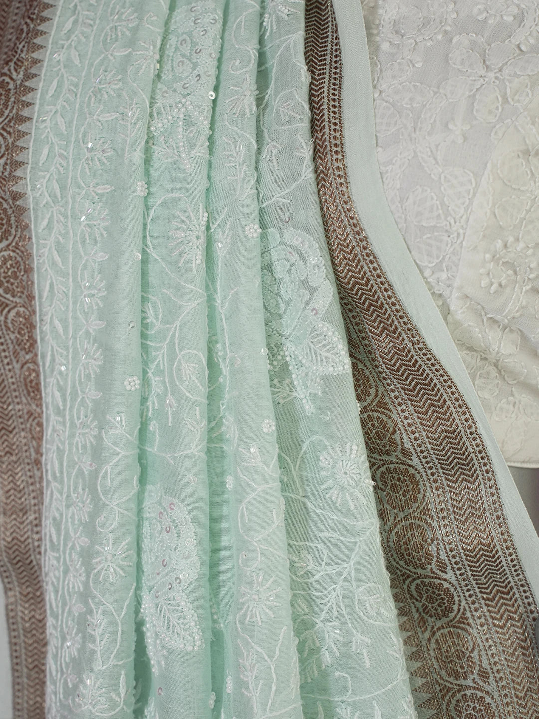 Ada Hand Embroidered Sea Green Chanderi Lucknowi Chikankari Saree With Blouse With Cutdana & Sequinned Work 01A622956