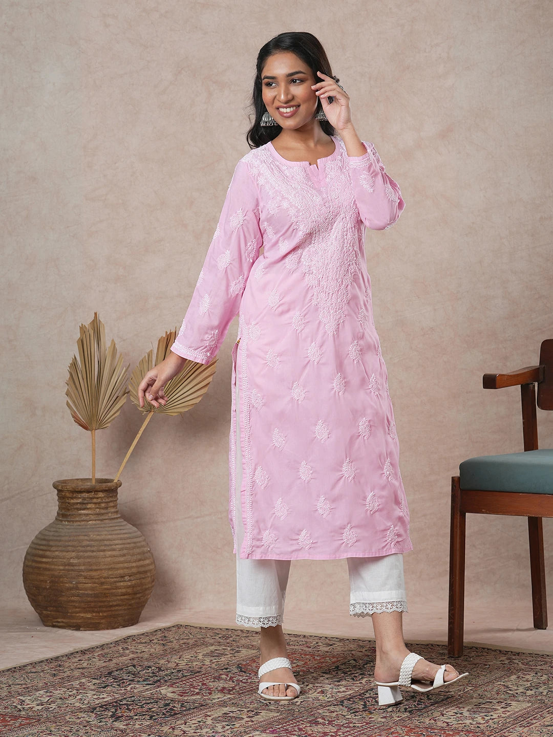 Ada Hand Embroidered Pink Cotton Lucknowi Chikankari Straight Kurta A411687