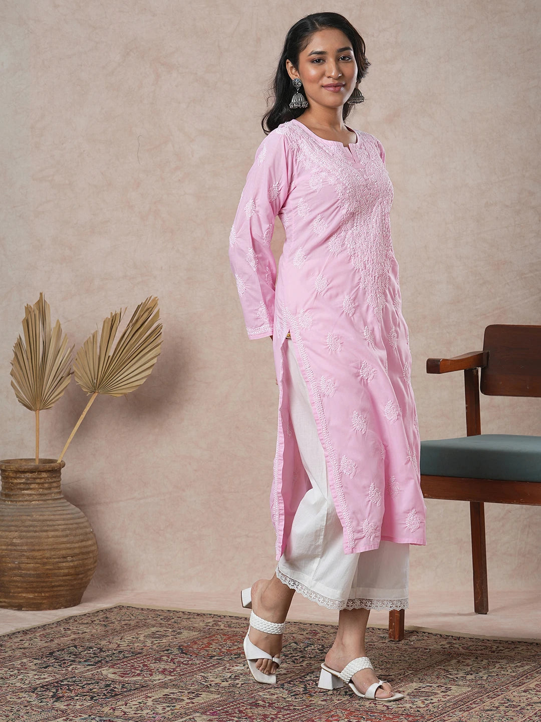 Ada Hand Embroidered Pink Cotton Lucknowi Chikankari Straight Kurta A411687