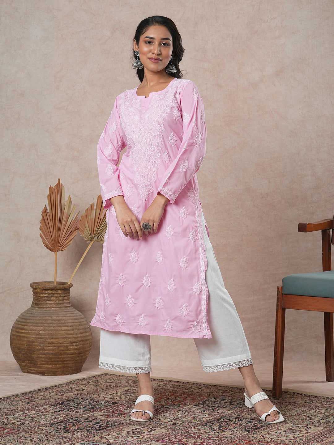 Ada Hand Embroidered Pink Cotton Lucknowi Chikankari Straight Kurta A411687