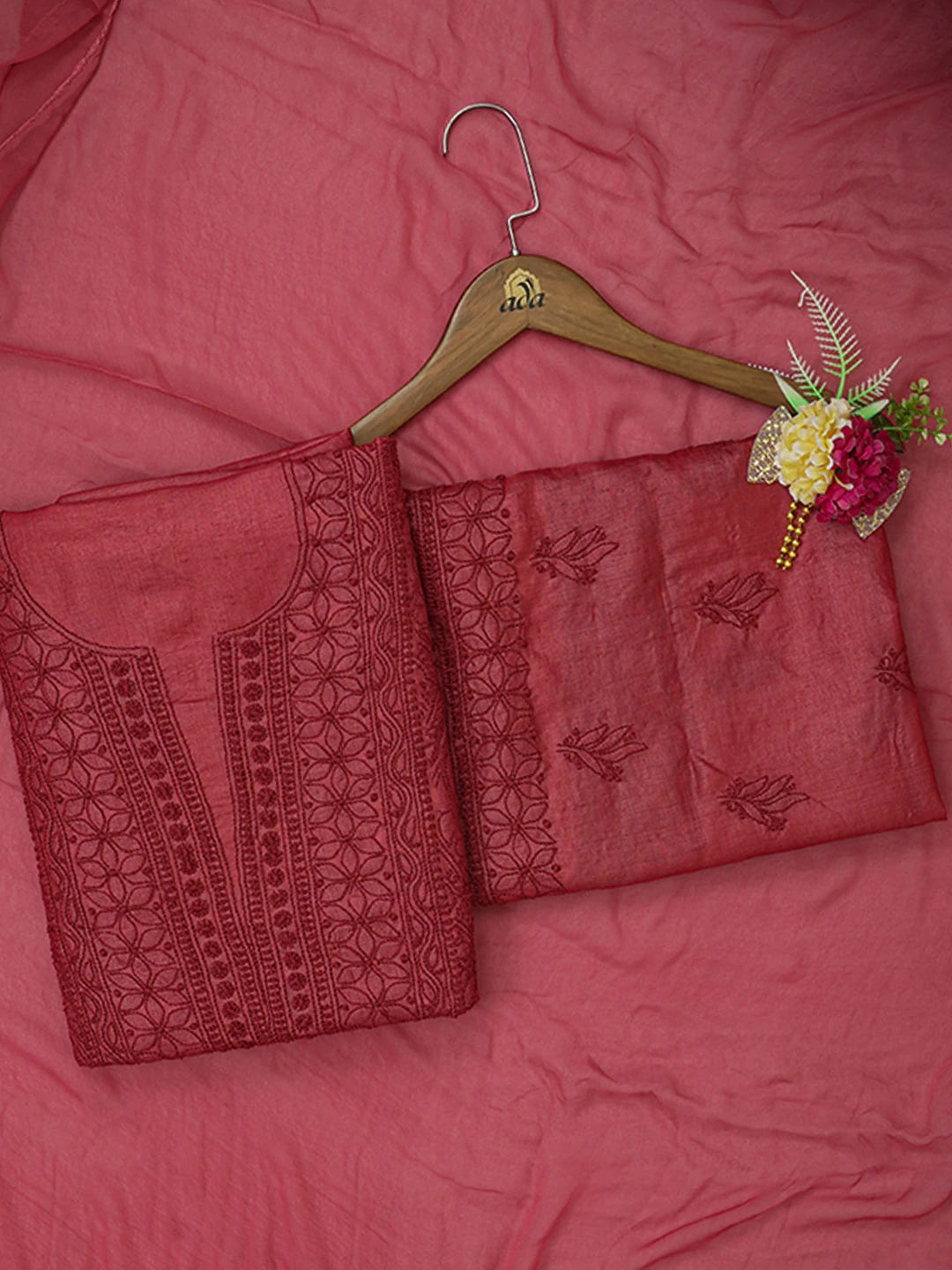 Ada Hand Embroidered Maroon Silk Lucknowi Chikankari Unstitched Suit Piece 01A619845