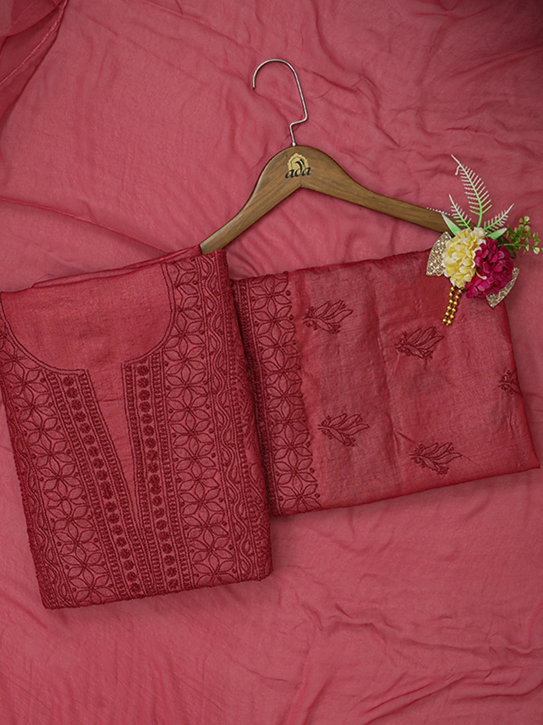 Ada Hand Embroidered Maroon Silk Lucknowi Chikankari Unstitched Suit Piece 01A619845