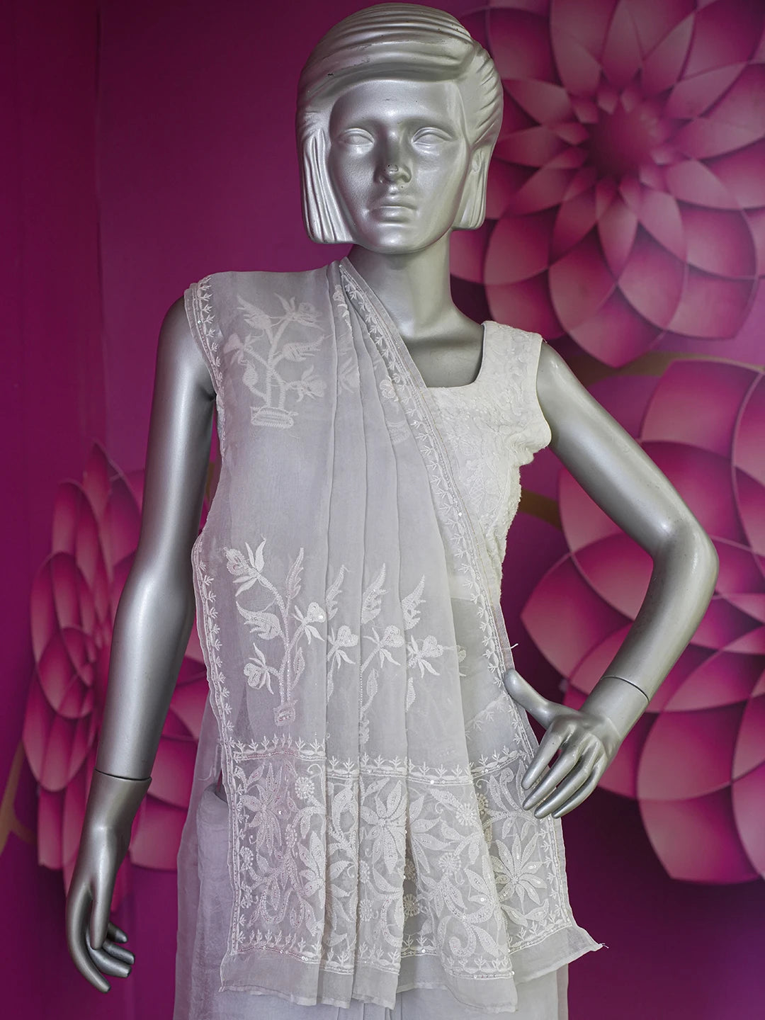 Ada Hand Embroidered Grey Organza Lucknowi Chikankari Saree and Blouse With Sequinned Work 01A591691